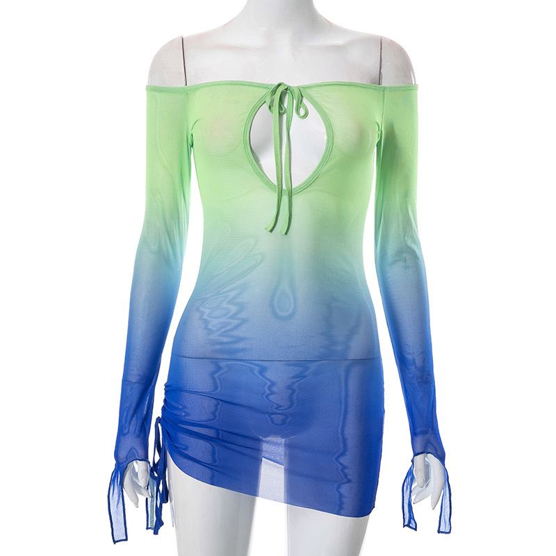 Absobe Sheer Mesh Tie-dye Print Hollow Lacing Beach Dress