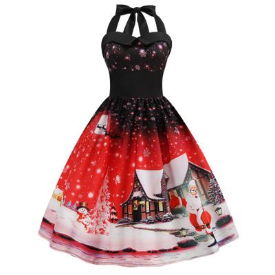 Christmas Halter Sleeveless Vintage Holiday Swing Dress -Red