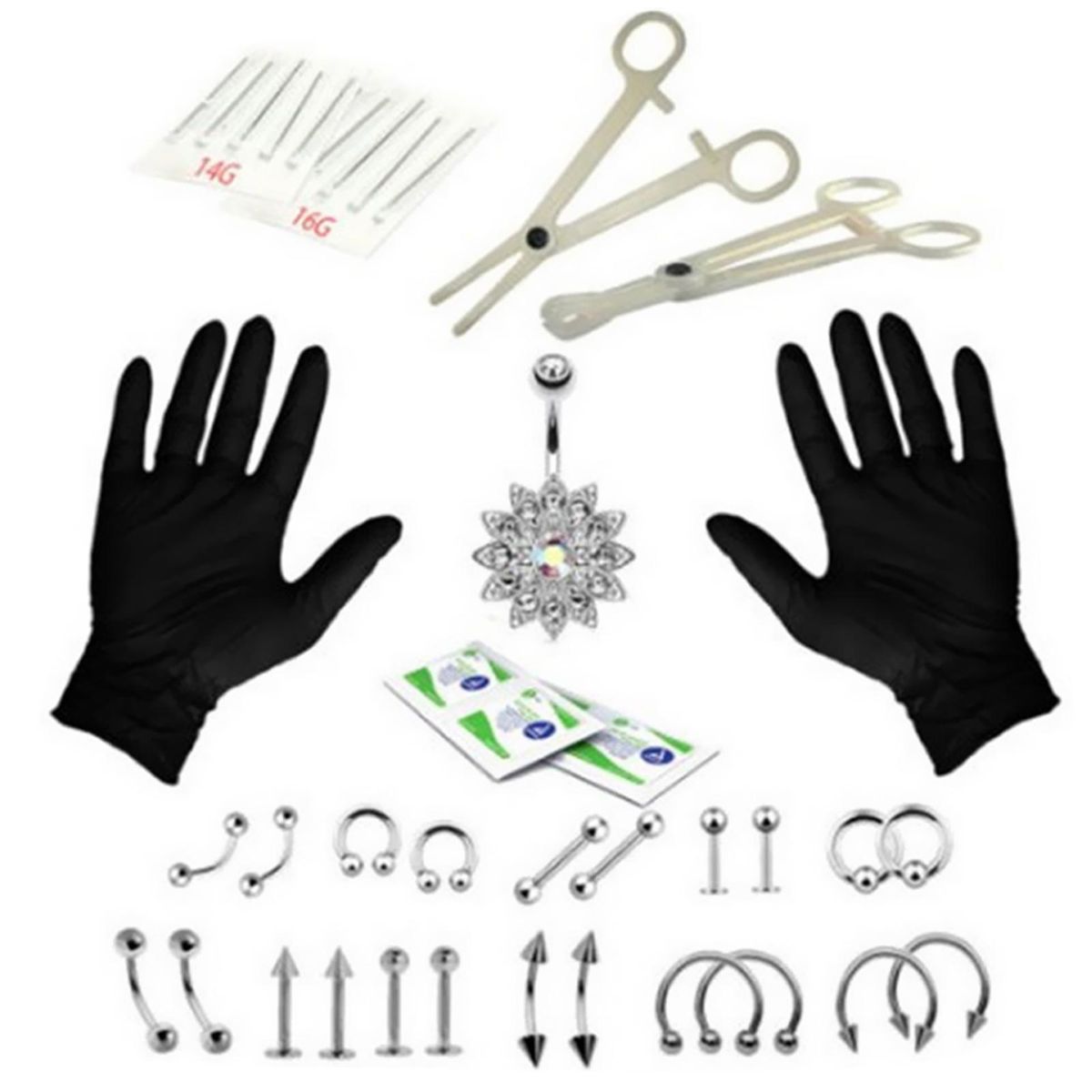 41pcs Body Piercing Jewelry Kit Nose Tragus Belly Tongue Lip Needles Piercing Bar Ring Stainless Steel Jewelry Tool
