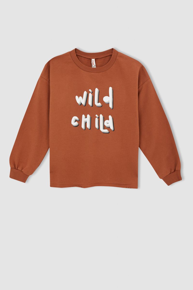 Girl - Regular Fit C Neck Long Sleeve Knitted Sweat Shirt - Brown