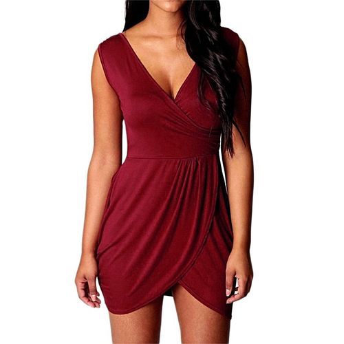 Women Lady Celebrity Sexy Deep V Neck Wrap Over Detail Tulip Shape Evening Party Clubwear Cocktail Mini Dress Black Red Blue US-Red