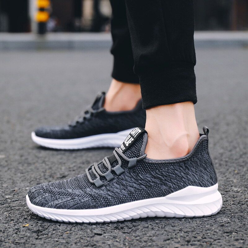 Mens Lightweight Sport Running Shoes Fabric Mesh Sneakers Flying Woven Lace Running Shoes Sport Tide Shoes EU:44