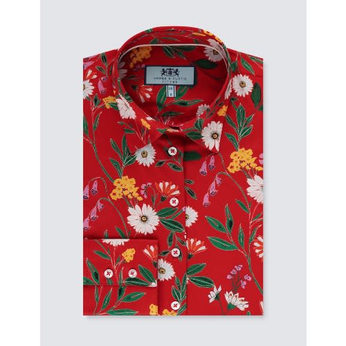 Women's Red & Green Daisy Floral Fitted Shirt - Single Cuff