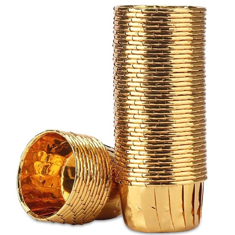 50Pcs Aluminum Foil Cupcake Cups Disposable Muffin Liners Baking Cups Aluminum Cupcake Tip Pan Ramekin Holders Little Pudding Cups-Gold