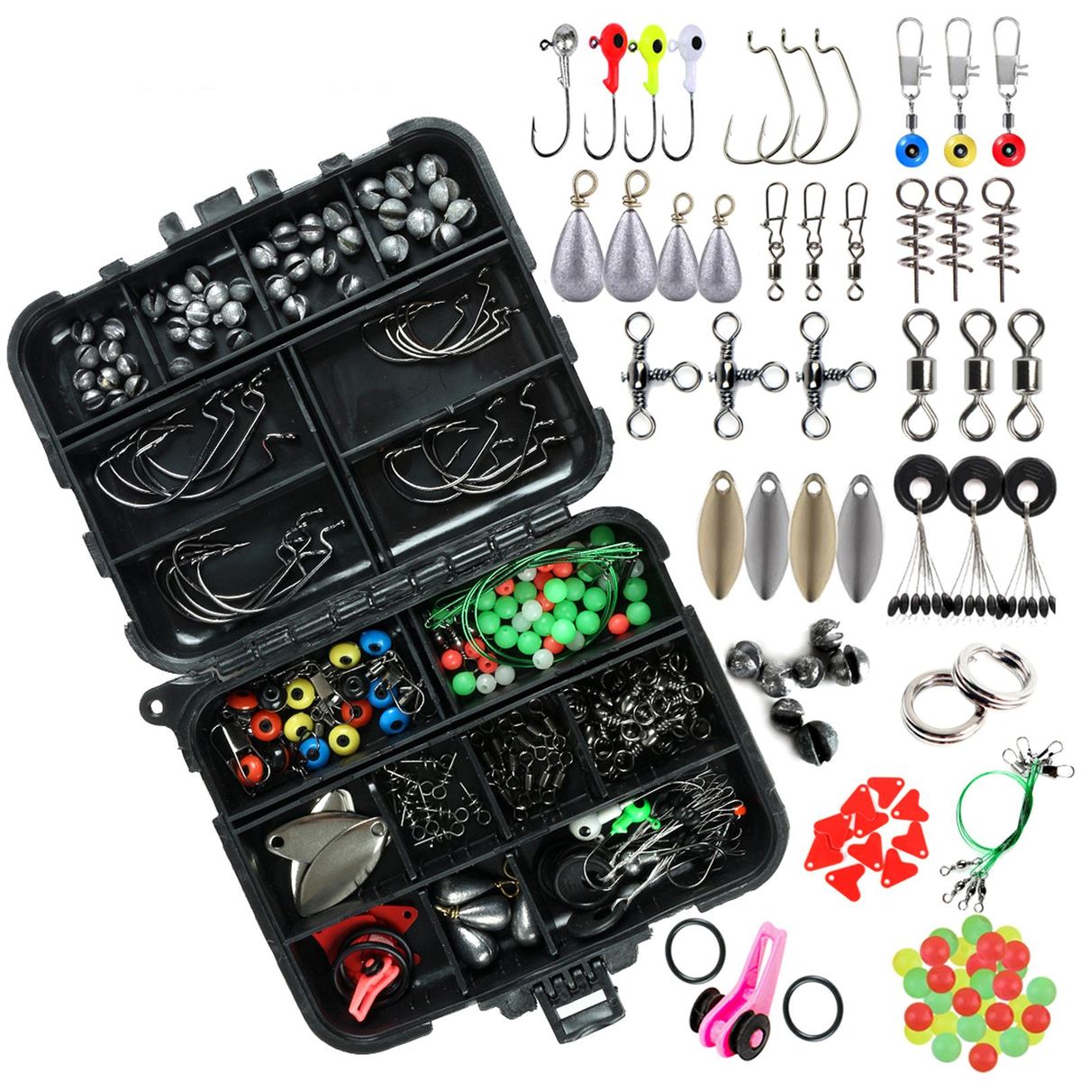 188pcs Fishing Accessories Kit with Tackle Box Jig Hooks Swivels Snaps Sinker Sliders Beads