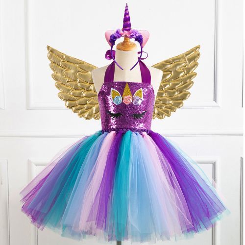 Girls' Puffy Dress [Halloween*Net Yarn*Sequins*Free Wings]- 449 Gold