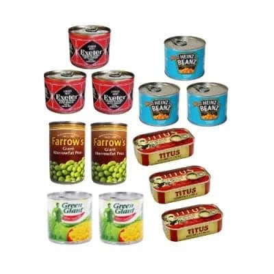 Exeter Corn Beef X3 + Heinz Beans X3 + Farrow Peas X2 + Titus Sardine X3 And Green Sweet Corn X2