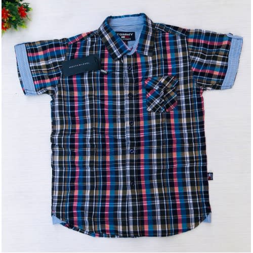 Plaid Boys Short Sleeve Button Down Shirt -Blue Stripe