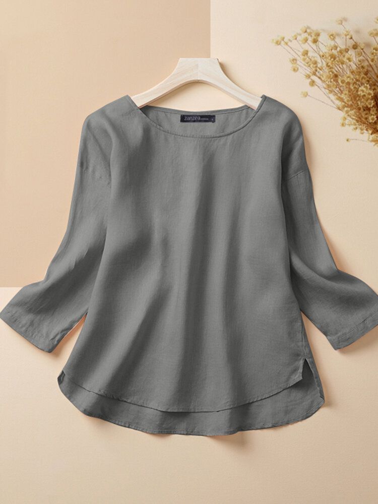 Cotton Solid Round Neck Long Sleeve Split Casual Blouse-Army Green