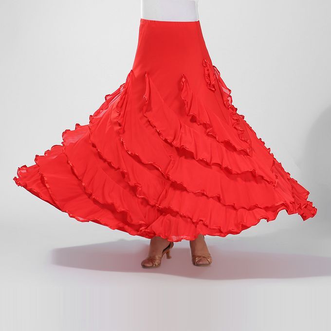 Flamenco Ballroom Dance Costume Waltz Big Swing Long Skirt Dress Red