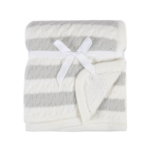 Modern Moments  Infant Baby Boy Or Girl Cable Knit Blanket With Sherpa, Gray Stripes