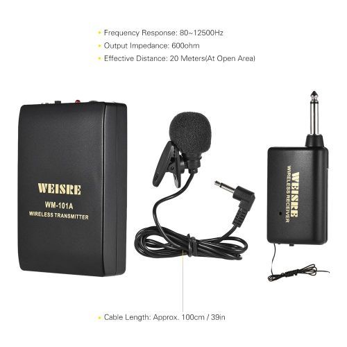 Portable Lavalier Lapel Collar Clip-on FM Wireless Microphone System Voice Amplifier 1/4in Output Plug With Bodypack Transmitter Mini Mic Receiver For Teacher Lecturer Conference Speech Promotion (Black) MLQJ-S