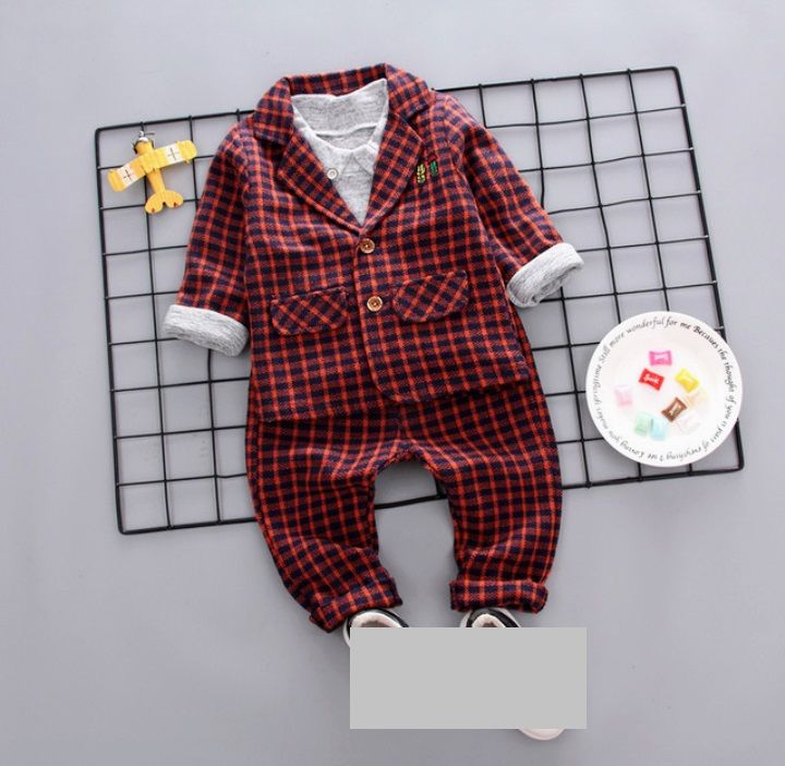 Baby Boy Birthday 3psc Check Suit Set - Orange