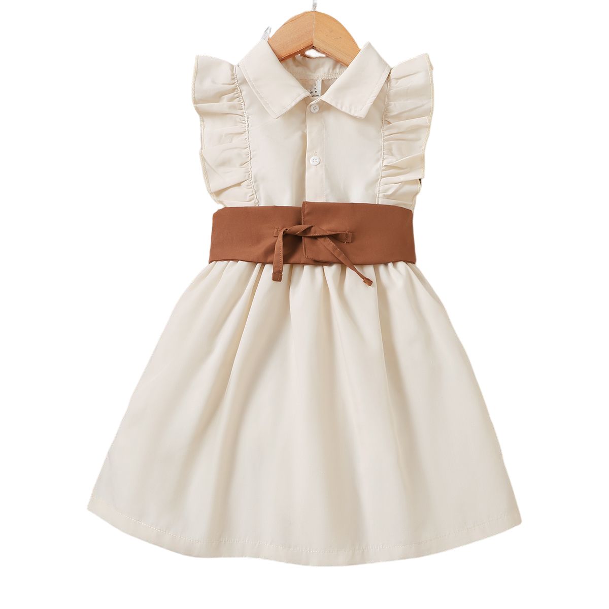 4-7 Years Kid Girl Dress/Polo Collar Brown Belt Ruffle Sleeveless Dress