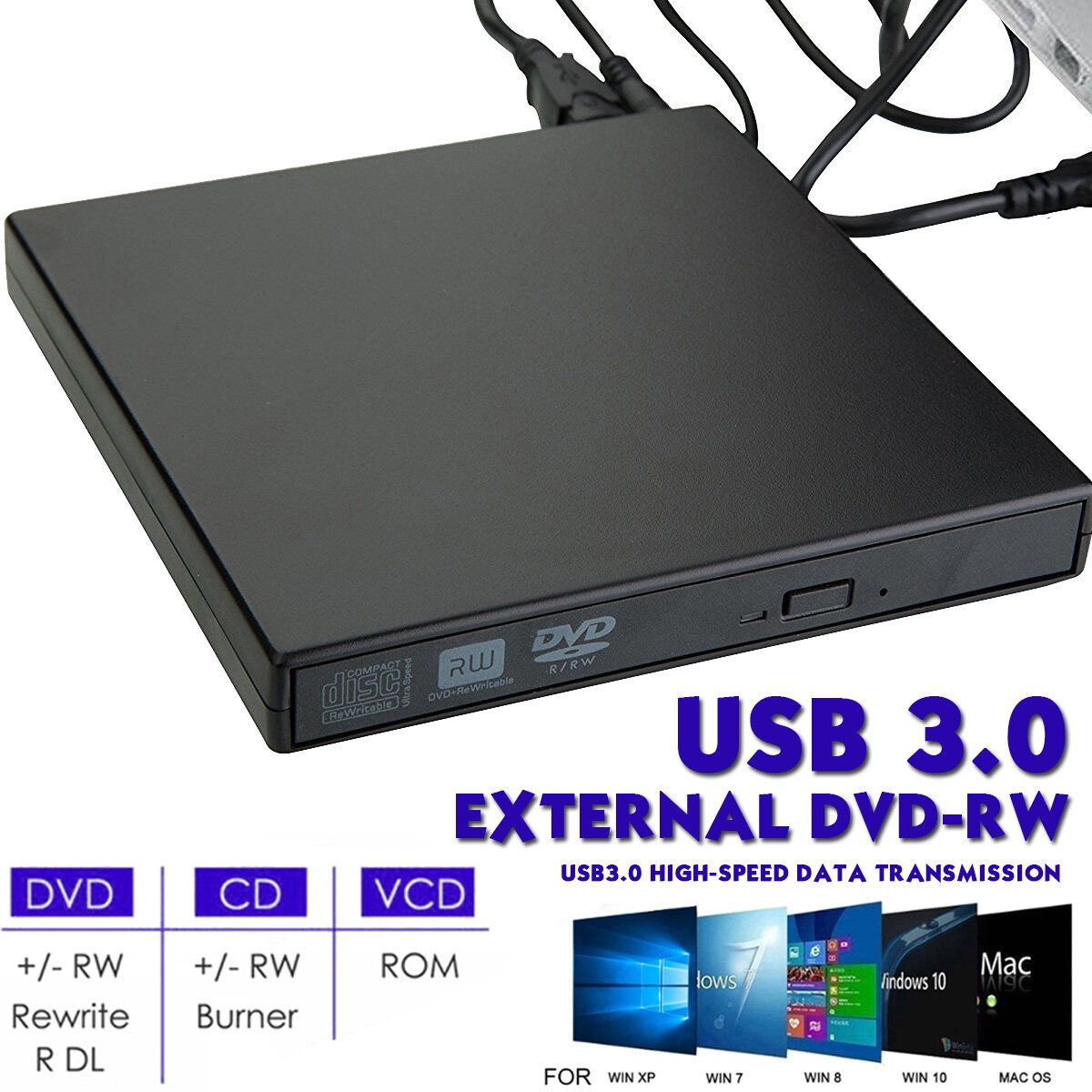 Mobile USB 3.0 Slim External DVD Reader CD DVD RW ROM Drive Writer Box Black