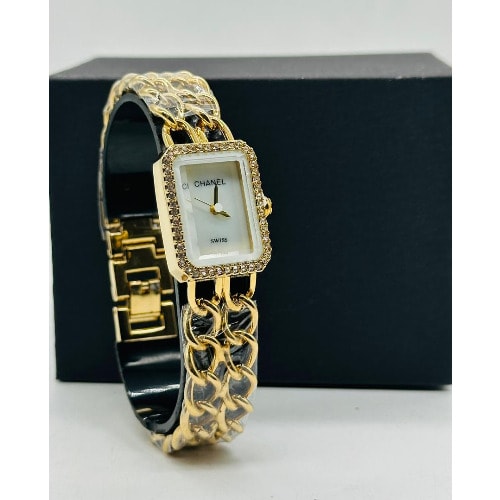 Party Wear Rectangular Chanel Ladies Watch - White Dial Gold Edition