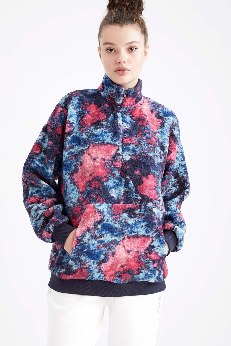 Woman Sweatshirt Mock Neck Knitted Sweat Shirt-Blue