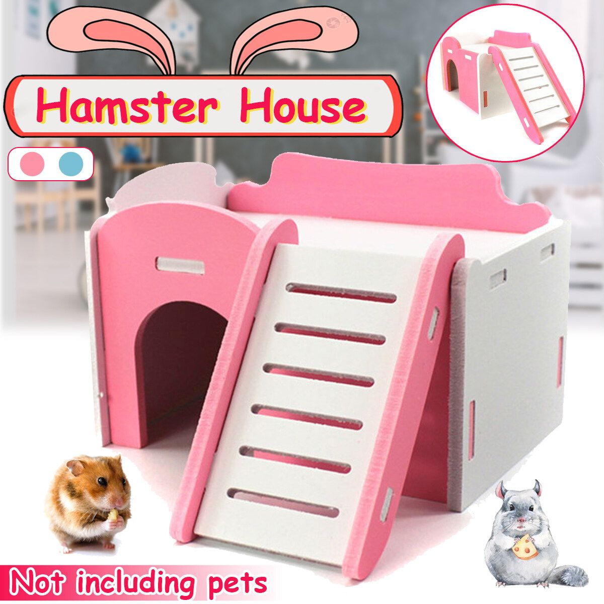 Wooden Pet Bed Nest Hamster House With Stairs Small Animal Pet Sleeping Cage Toy Shelter -- Blue / Pink Pink