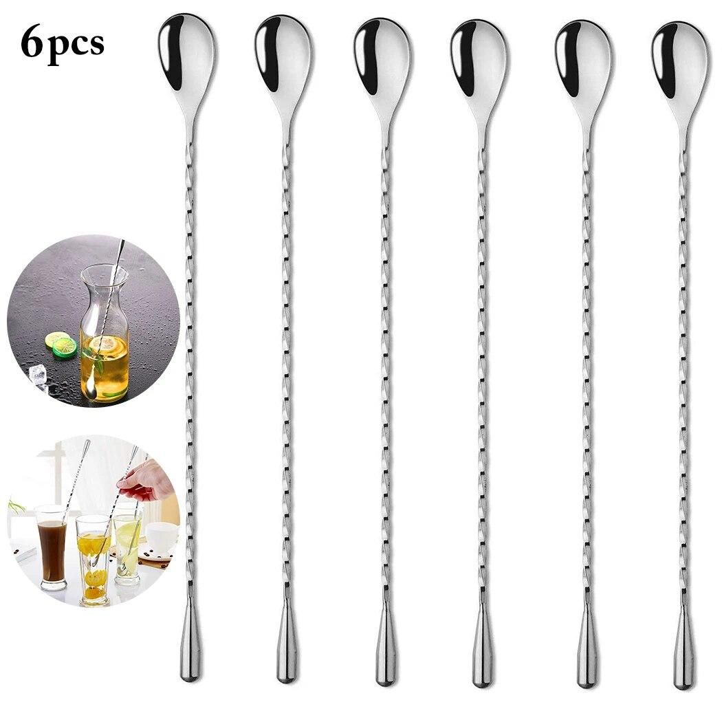 6pcs Cocktail Bar Spoon Stainless Steel Threaded Twisted Mixing Stir Spoon Bar Tool Bartender Tools Cocktail Spoon Stirrer