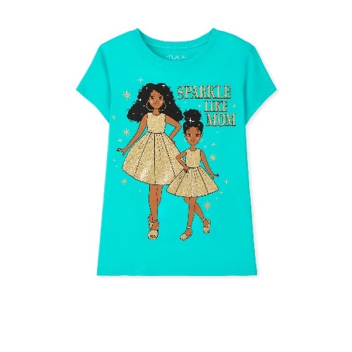 Girls Sparkle Like Mom Twinning Glitters Graphic Top- Aqua