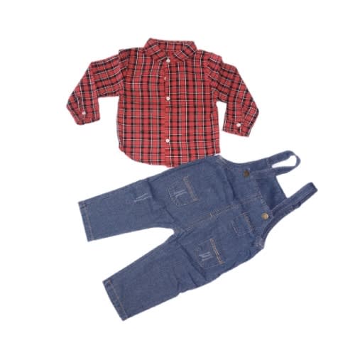 Jeans Overall & Shirt Set For Boys - Red
