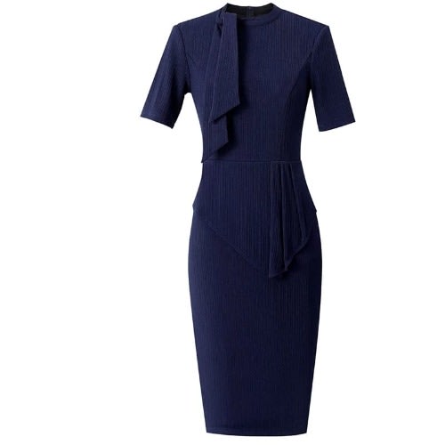 Neck Tie Frill Pencil Dress- Blue