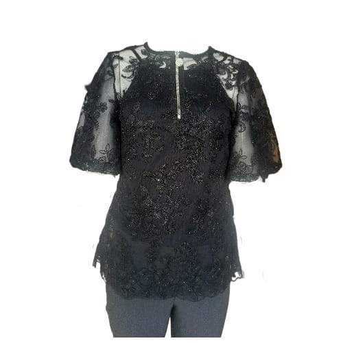Ladies Zipper Front See Through Black Lace Blouse Lbs-9135