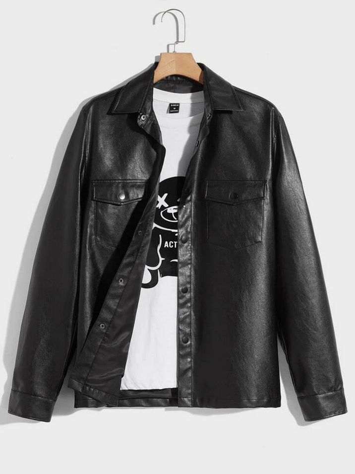 Men Flap Pocket PU Leather Jacket - Black