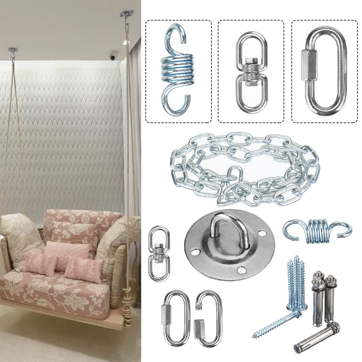700LB Hammock Chair Hanging Kit Stainless Steel Spring Swivel Hook Ceiling Mount