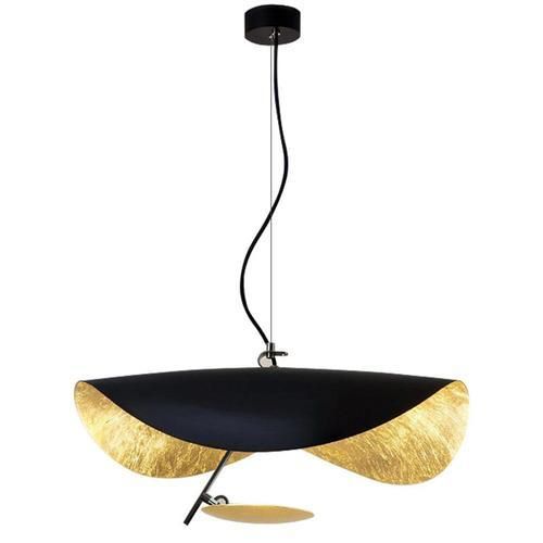 40CM UFO Chandelier, 220V LED Warm Light Art Dining Room Living Room Study Straw Hat Design Outer Black And Inner Gold Chandelier