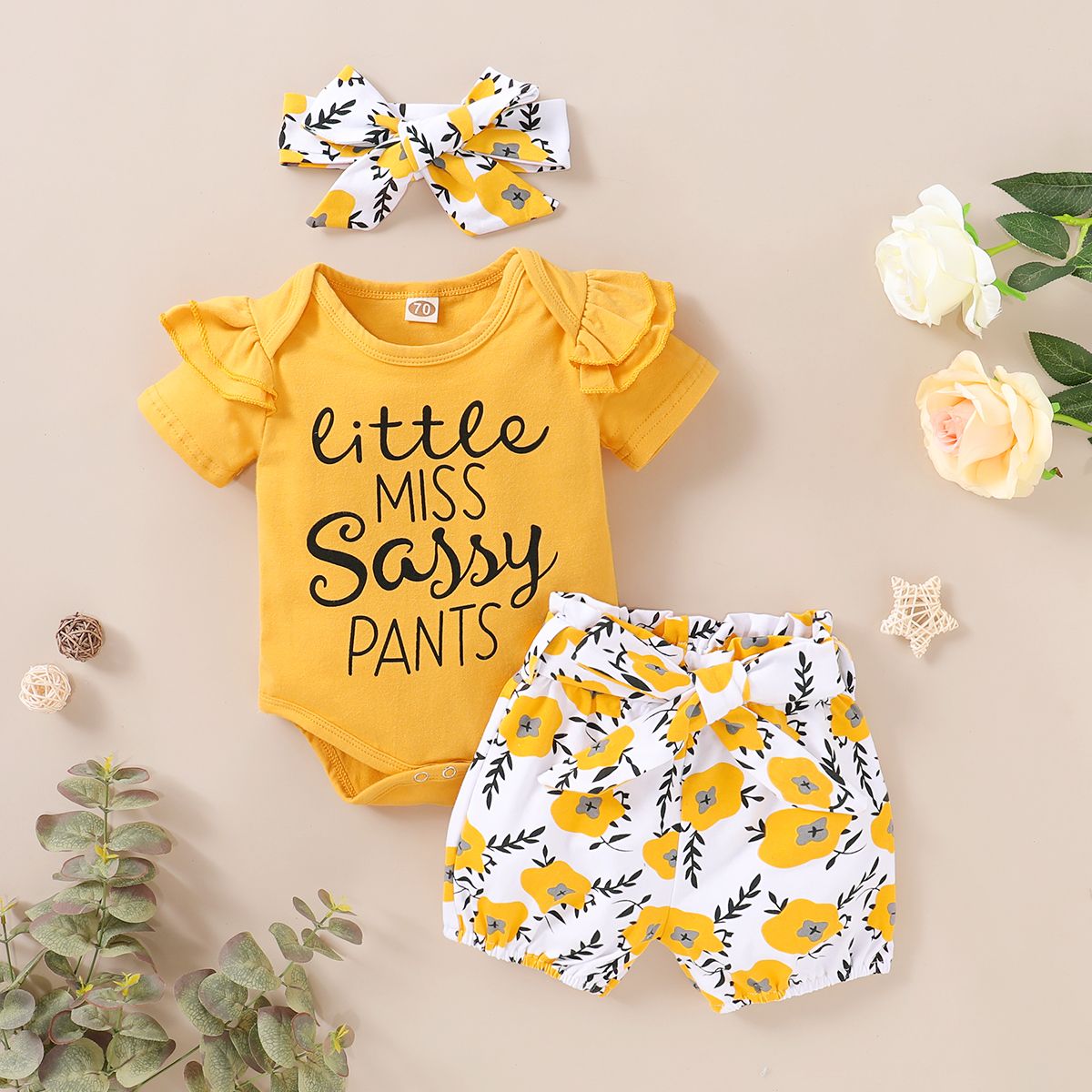 Newborn Baby Girls Outfit Letter Print Short Sleeve Bodysuit + Yellow Floral Shorts + Headband