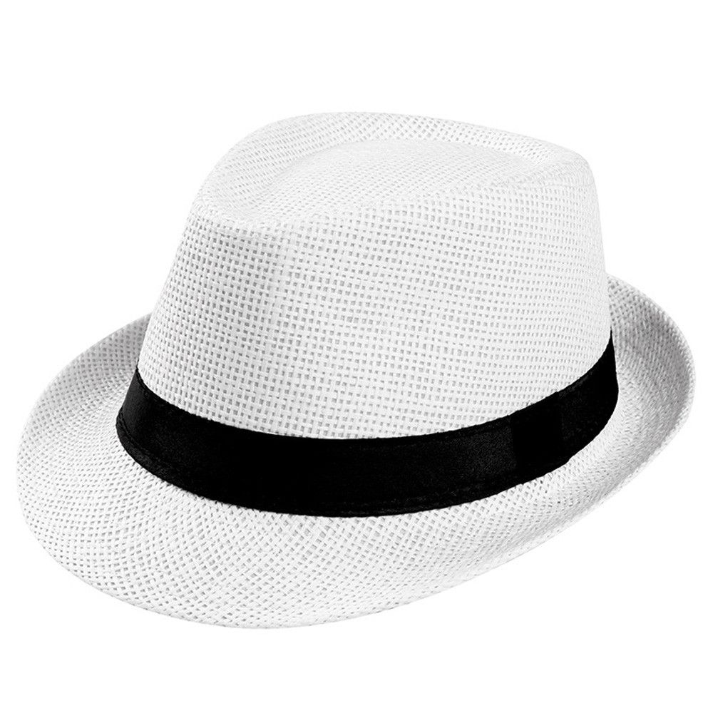 Uni Sunhat Women Men Fashion Summer Casual Trendy Beach Sun Straw Jazz Band Hat Cowboy Fedora Hat Gangster Cap White