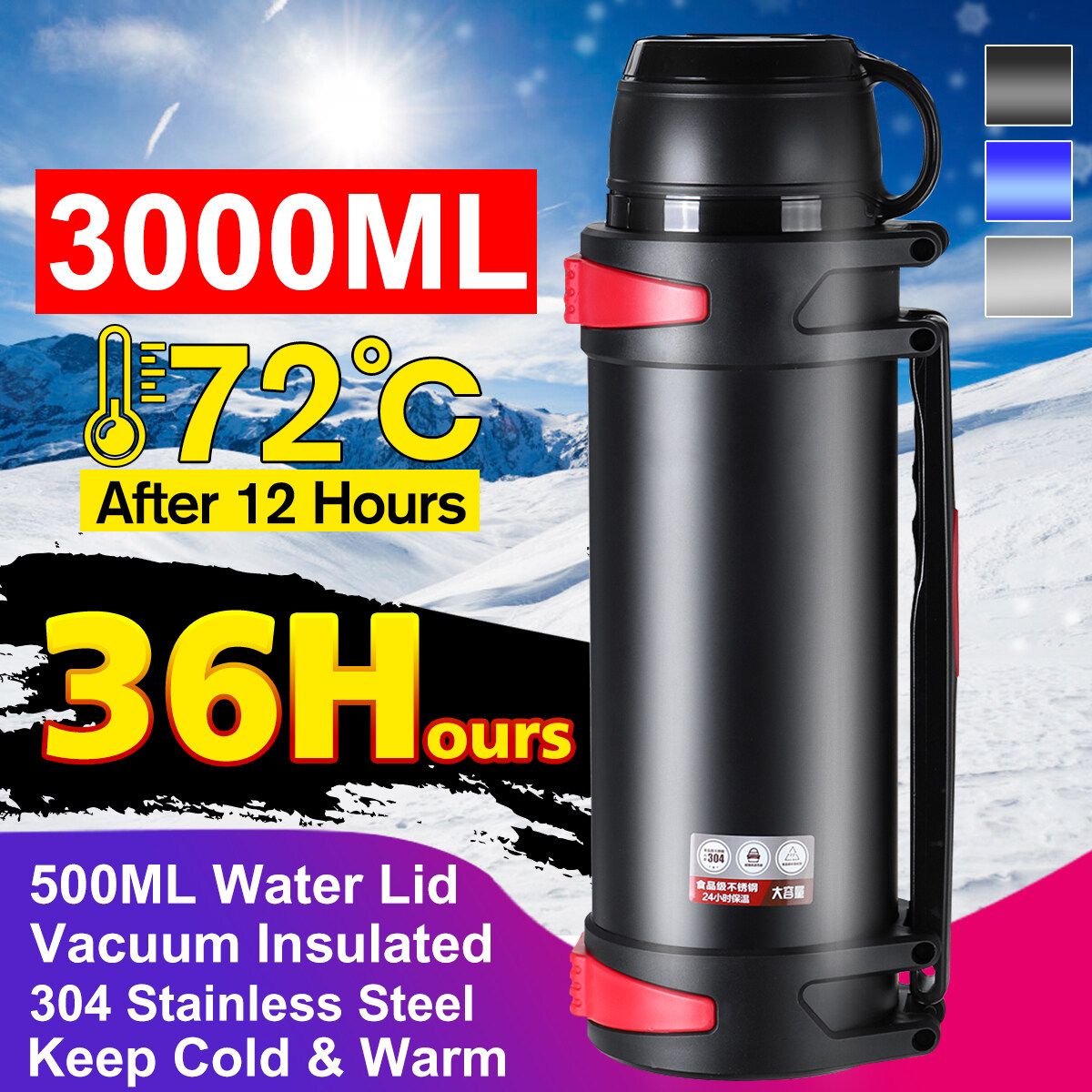 3000ML Large Capacity 36H Keep Hot & Cold Coffee Tea Soups Water Bottle Cups Mug With Carrying Strap Stainless Steel Thermos Flask Double Wall Stainless Steel Vacuum Flask Insulated Cup Portable For Travel Outdoor Kids Student Adult Black