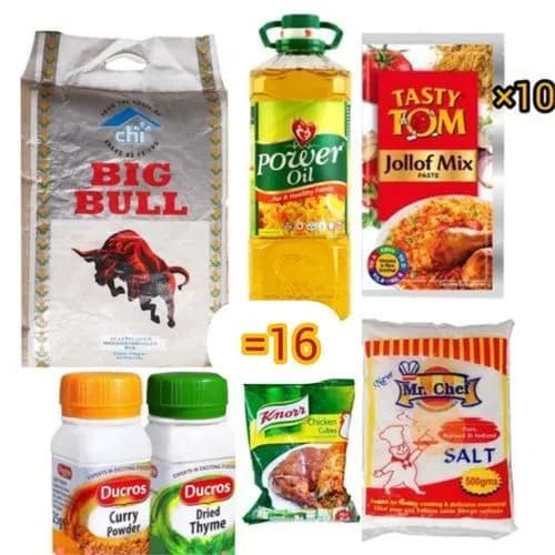 Big Bull Groceries Bundle - Rice 10kg / Vegetable Oil / Tomato Jollof / Salt / Knorr Chicken