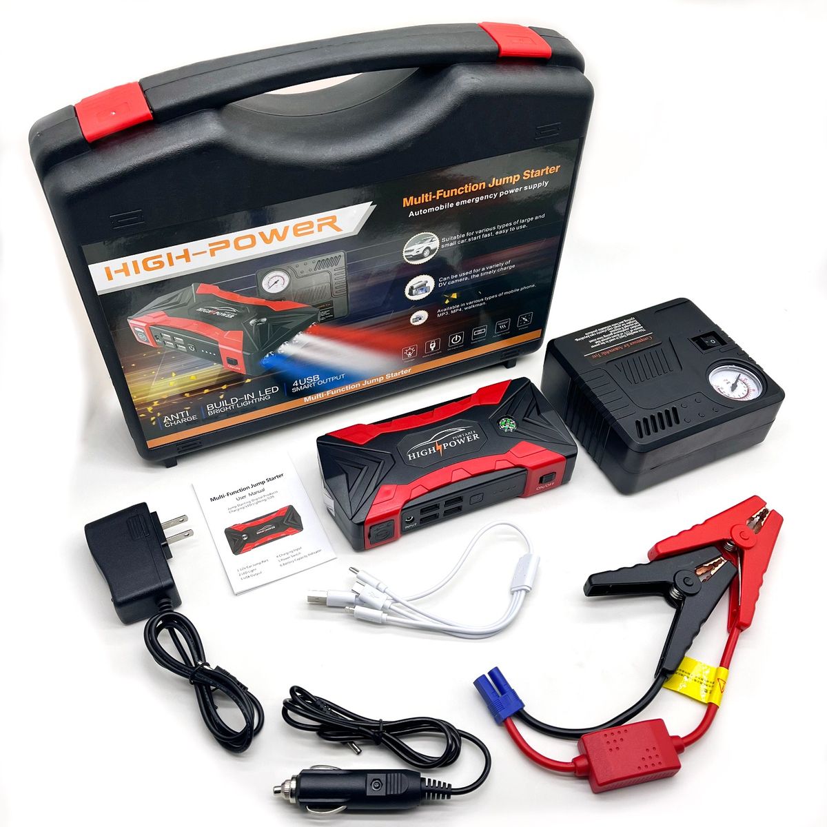JUMP STARTER KIT And POWER BANK With Inflator & Air Compressor For Cars, Laptop & Mobile Devices - 99800mAH 12V ULTRASAFE LITHIUM - Torch Light- MULTI FUNCTIONAL