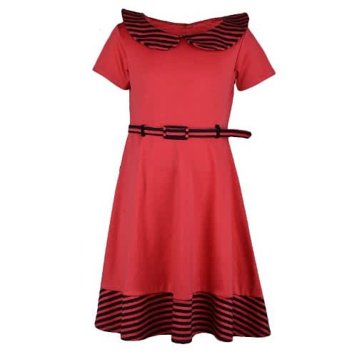 Trendy Girl Pink Stripe Neck line With Belt