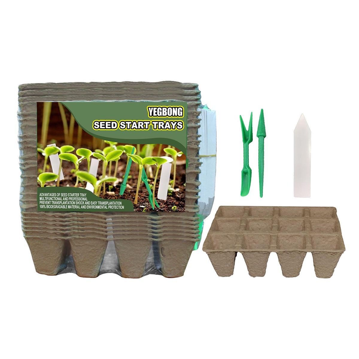 YEGBONG 24PCS Seed Starter Trays Kit 12 Cells Biodegradable Pots for Planting Seeds Organic Plant Starter Kit with Plant Labels Transplanting Tools
