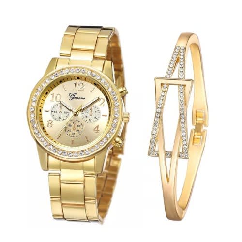 Rhinestone Women Wrist Watch With Bracelet - Gold