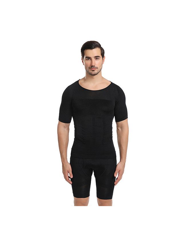 Men Slim Lift Compression Sports Vest Shirt Short Sleeve Shaper-Black