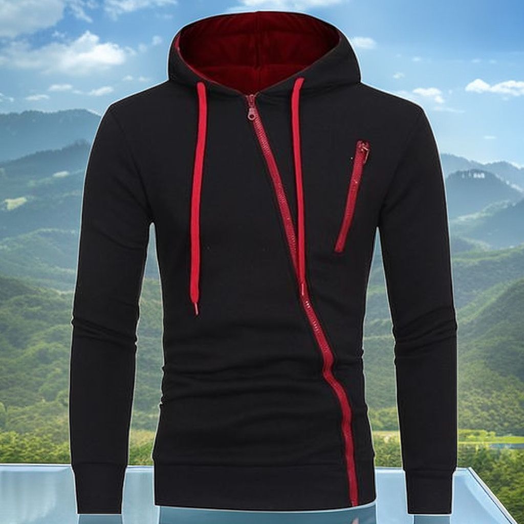 Mens Oblique Zippers Hoodie Varsity Jacket Sweatshirts - Black