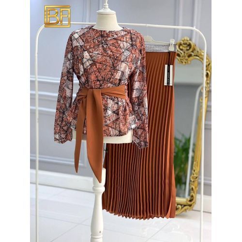 Turkey Pleated Skirt  With Matching Top-Brown