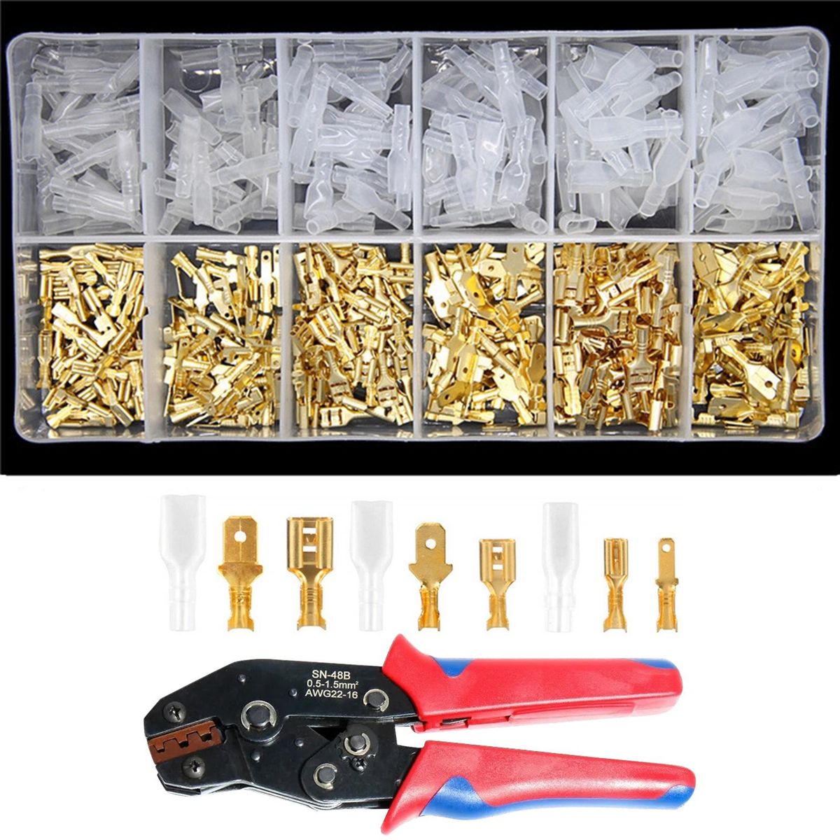 450PCS Assortment Kit Quick Splice Male Bus Connector 2.8/4.8/6.3mmConnector Crimp Terminal Block with Insulating Sleeve + Wire Crimping Pliers Crimping Tools SN-48B