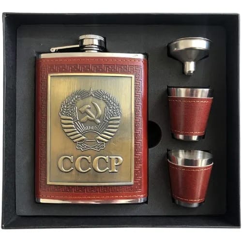Brown Leather Imitation Cover Hip Flask  With  Stainless Steel Shot Cup