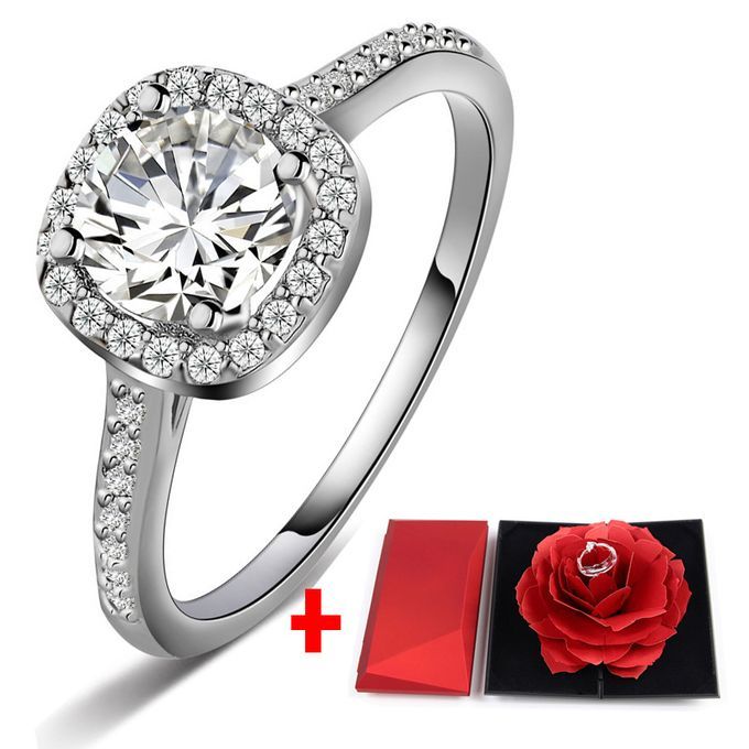 Diamond Silver Ladies Engagement Ring + Ring Box