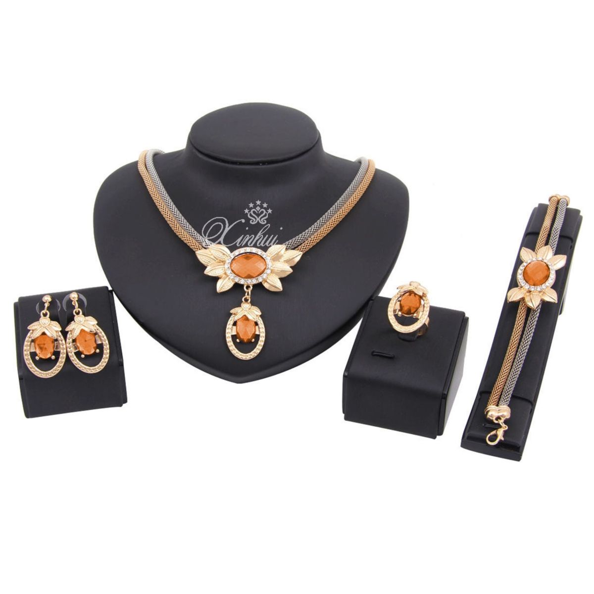 Gold Necklace, Earrings, Ring, Bracelet, Jewelry Set (3 In1)