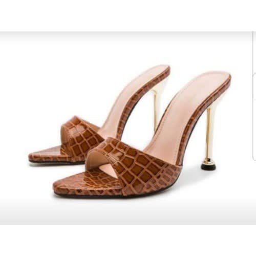 Snake Print Leather Brown Stiletto Heel Slippers