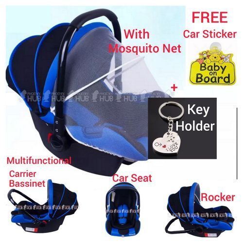 3 In 1 Baby Safety Car Seat/ Carrier & Rocker + Mosquito Net + Onboard Sticker+ KeY Holder