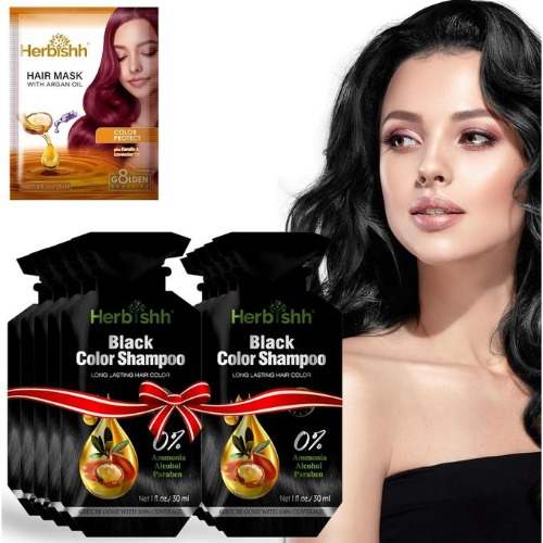 Herbishh Hair Color Dye Shampoo 10 Sachet Ppd Free Travel Size - Black 300ml