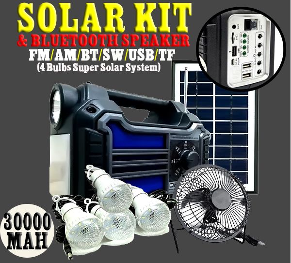 SOLAR ENERGY KIT/BLUETOOHT PORTABLE SPEAKER WITH 4 BULBS AND FREE USB FAN (30,000 MAH)