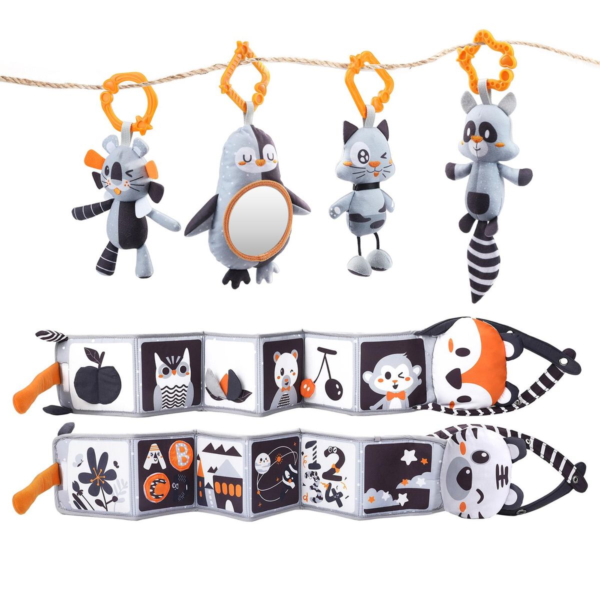 Baby Crib Hanging Rattle Toys & Soft Books Baby Tummy Time Hanging Toys Black and White High Contrast with Mirror Early Educational Toys for Infants